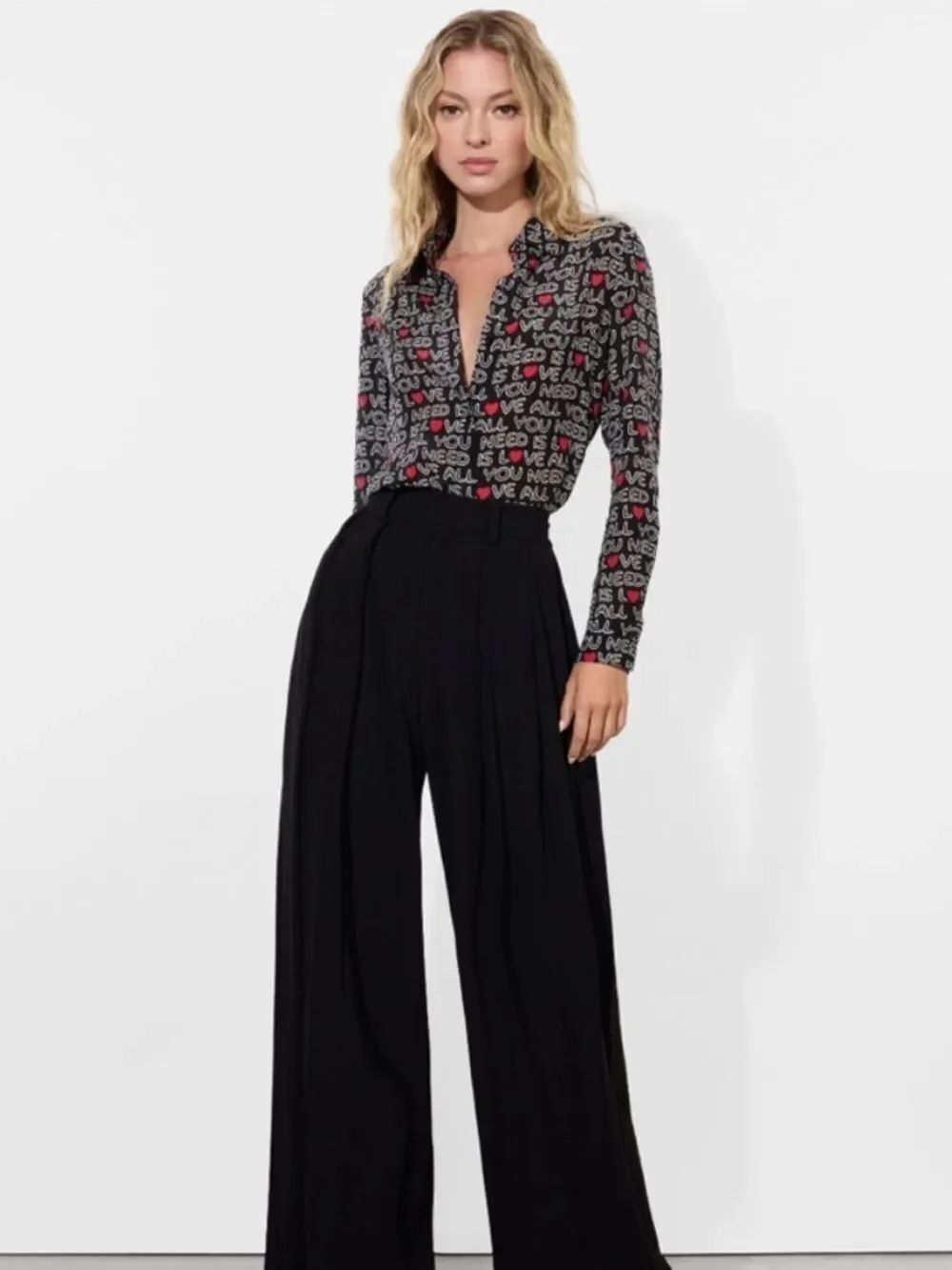 Alice + Olivia X Beatles BLACK SILK ALL YOU NEED IS LOVE WILLA BLOUSE XS